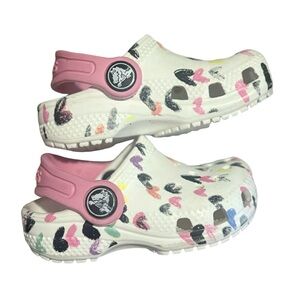 Crocs Kids C4 Classic Clog Hearts Print Pink Strap GUC